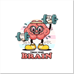 Train your brain, cartoon mascot's brain exercises barbell Posters and Art